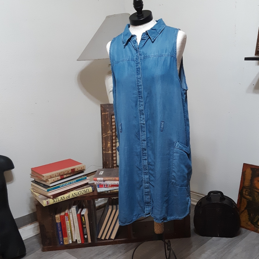 Womens Denim Blue Dress Plus Sz XXL Button up Below Knee Vest Like Sleeveless - Picture 5 of 11